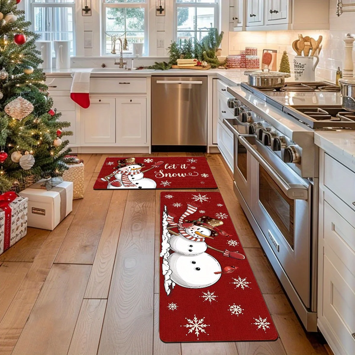 VIKAMA Christmas Kitchen Runner Rug Set Anti Slip Washable Mat Cartoon Snowman Snowflake Holiday Floor Decor Farmhouse Decor Mat