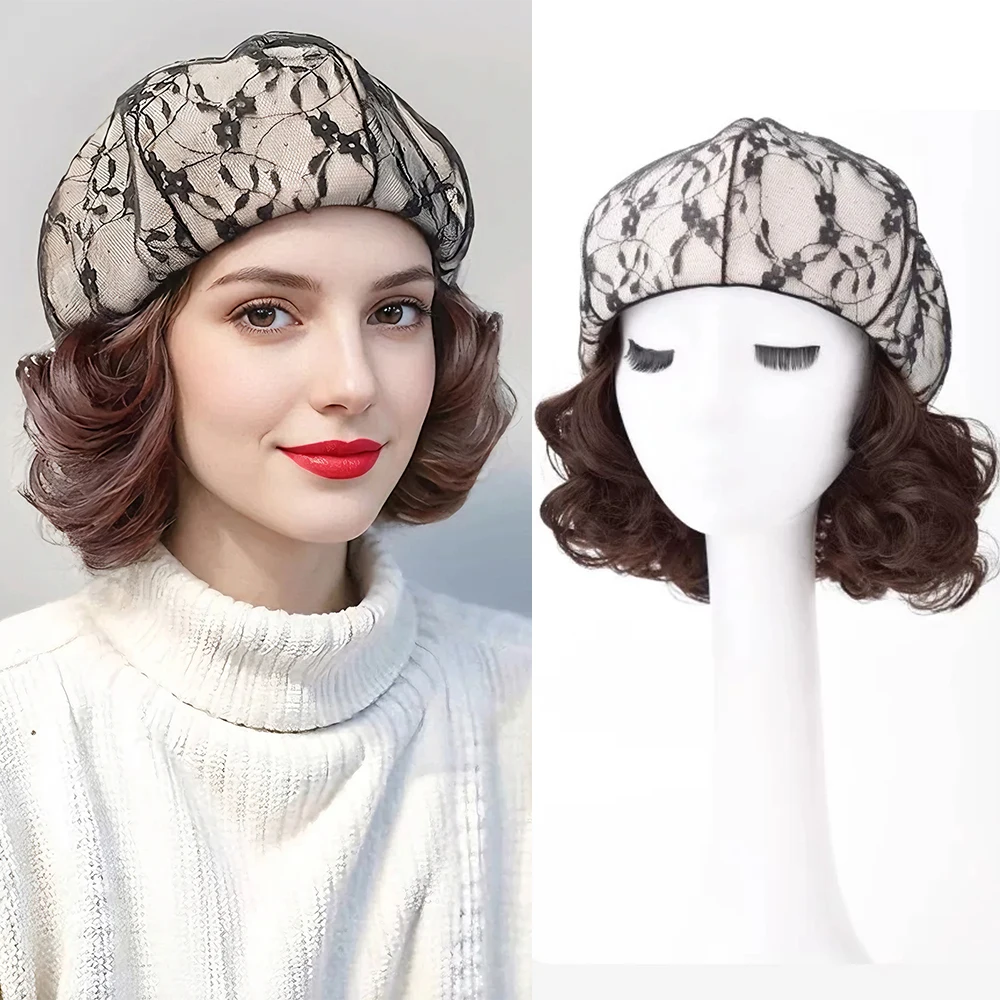 10inch Short Curly Beret Wig Hat Synthetic Short Curly Wig Female Hat Wig Suitable for Daily Use Heat-resistant Hair