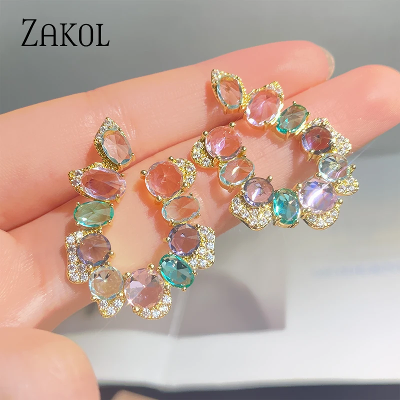 ZAKOL Luxury Mutilcolor U Shape Zircon Stud Earrings for Women Shinny Crystal Earring Fashion Gold Color Party Daily Jewelry