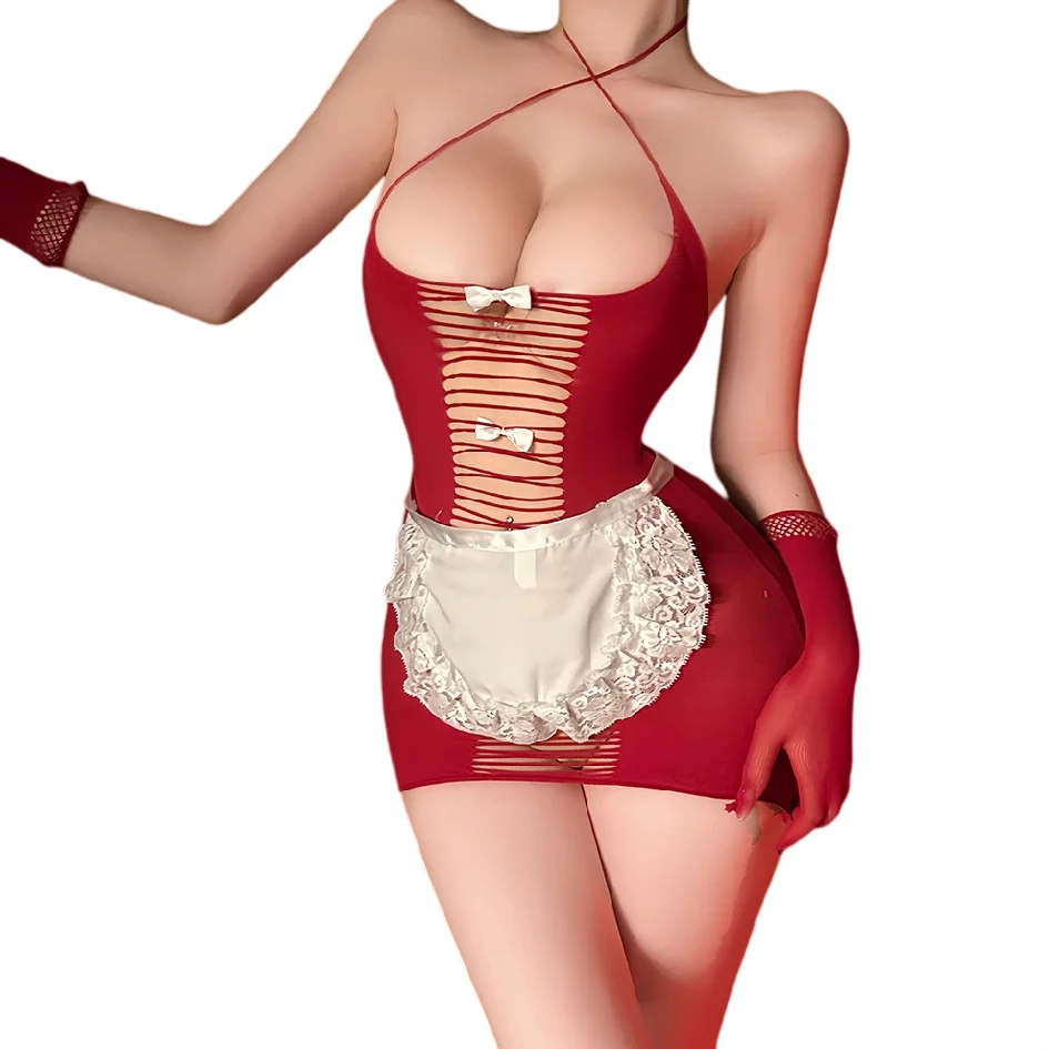 Women Maid Role Play Slip Dress Set Halter Cut Out Mini Chemise With Lace Apron Mesh Long Gloves Halloween Party Layering Night
