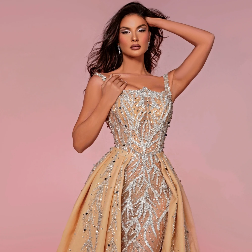 Luxury Detachable Train Cocktail Dresses Sequined Beads Evening Dress Sexy Illusion Mermaid Prom Gown Customized Robe De Mariée