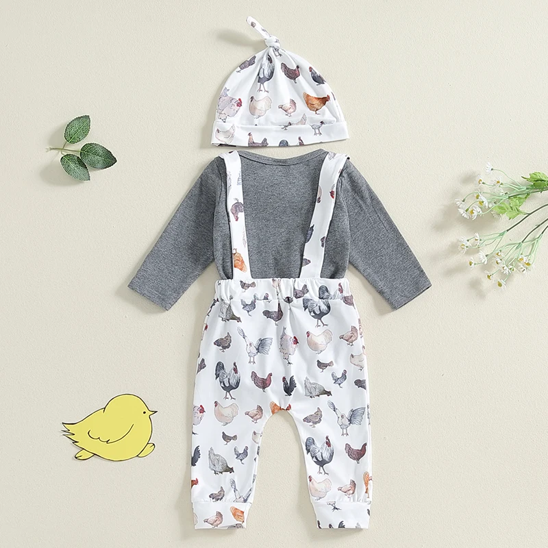 2024-06-26 Lioraitiin Baby Boy Set, Long Sleeve Letter Print Bow Romper with Chicken Print Overall Pants and Hat Infant Outfit