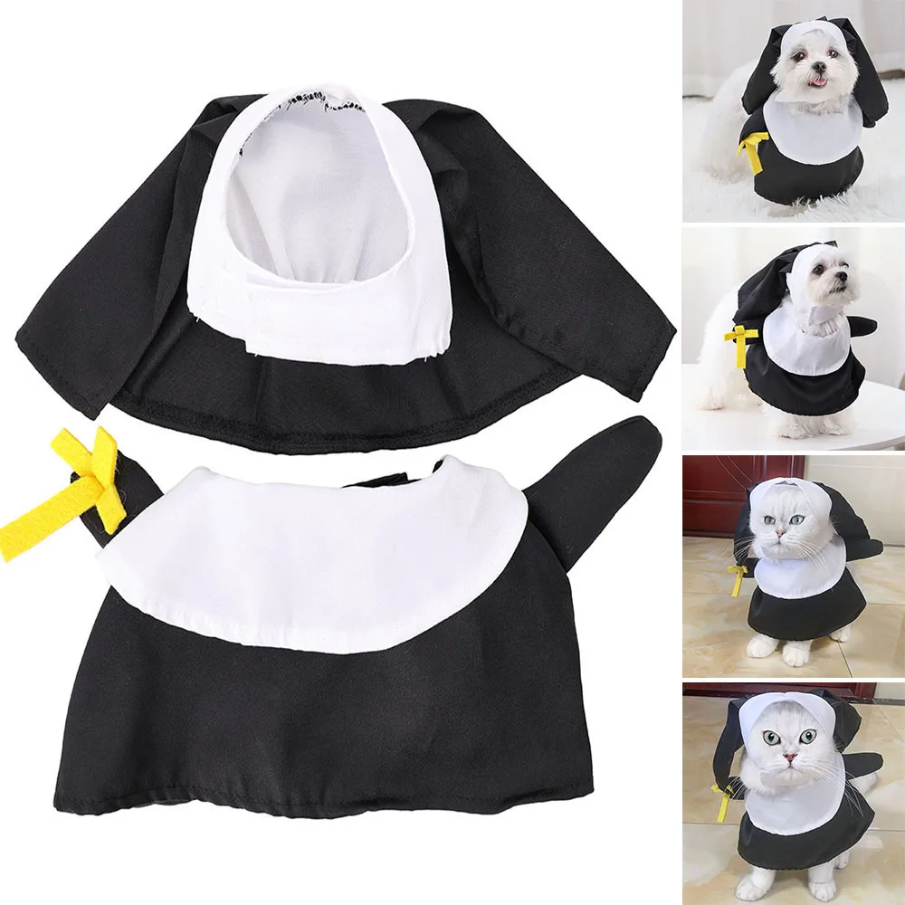 Pet Dress Cosplay Nun Headwear Puppy Kitten Nun Style Dress Halloween Dress Up Clothes Pet Costume Set Dog Transform Clothes