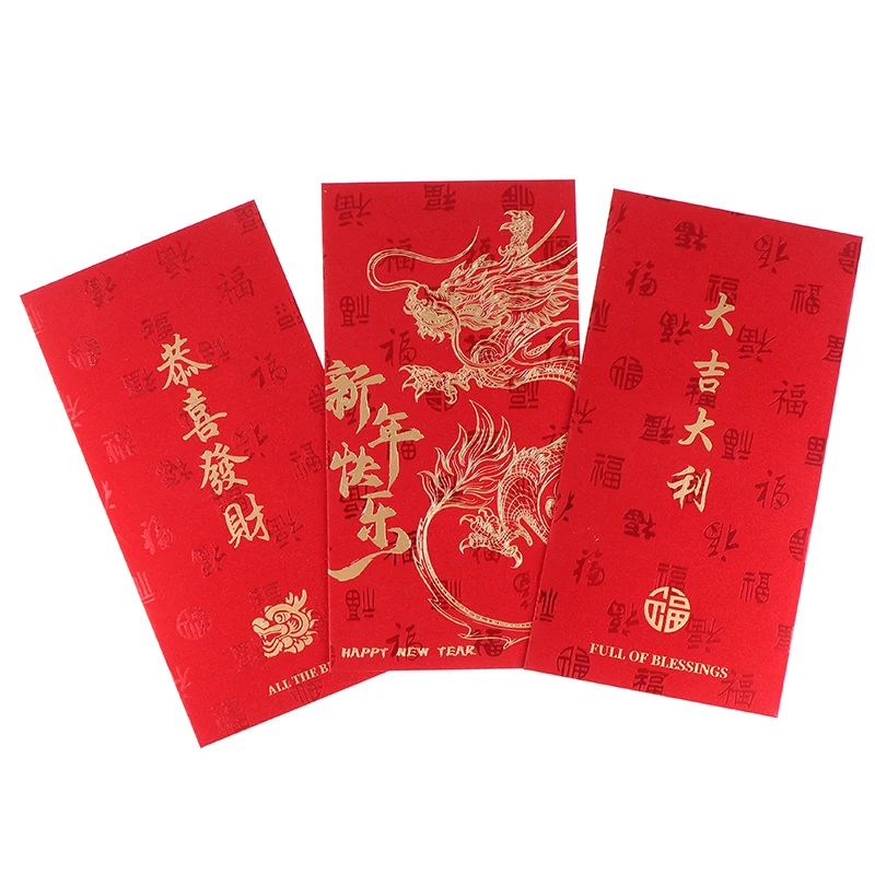 Sobres Rojos de papel duro para estampación en caliente Hongbao, sobres rojos para Año Nuevo, Festival de Primavera, bolsillos rojos, paquetes de dinero de la suerte, regalo, 2024, 6 unids/set