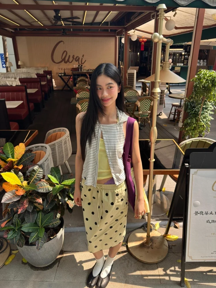 High Waist A-Line Midi Skirt Women's Summer New Style Casual Drawstring High Quality Yellow Polka Dot Half-length Skirt