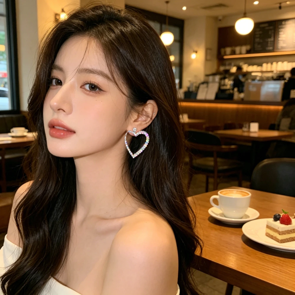 Light Luxury Heart Hoop Earrings Full Rhinestone Inlay Niche Exaggerated Design Minimalist Temperament Ear Jewelry Party Daily