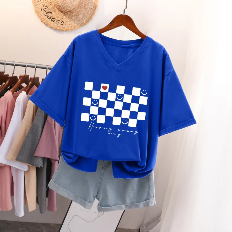 Klein Blue Women's Cotton T-shirt Short Sleeve V-neck Loose Fit Summer Fashion Korean Style plus Size Belly Covering Top
