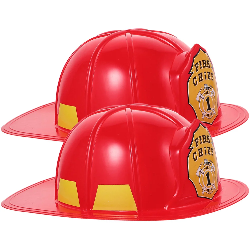 

2 Pcs Helmets Role Playing Game Red Fireman Hat Hard Firefighter Pvc Plastic Material Costume Prop