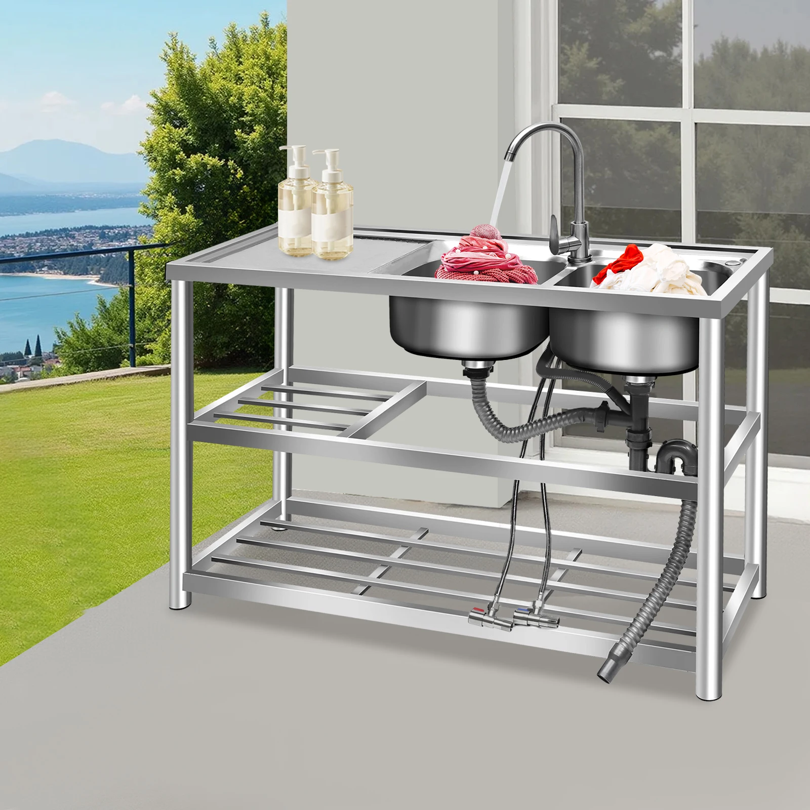 Stainless Steel Commercial Sink Kitchen Utility Sink 2 Compartment + Prep Table