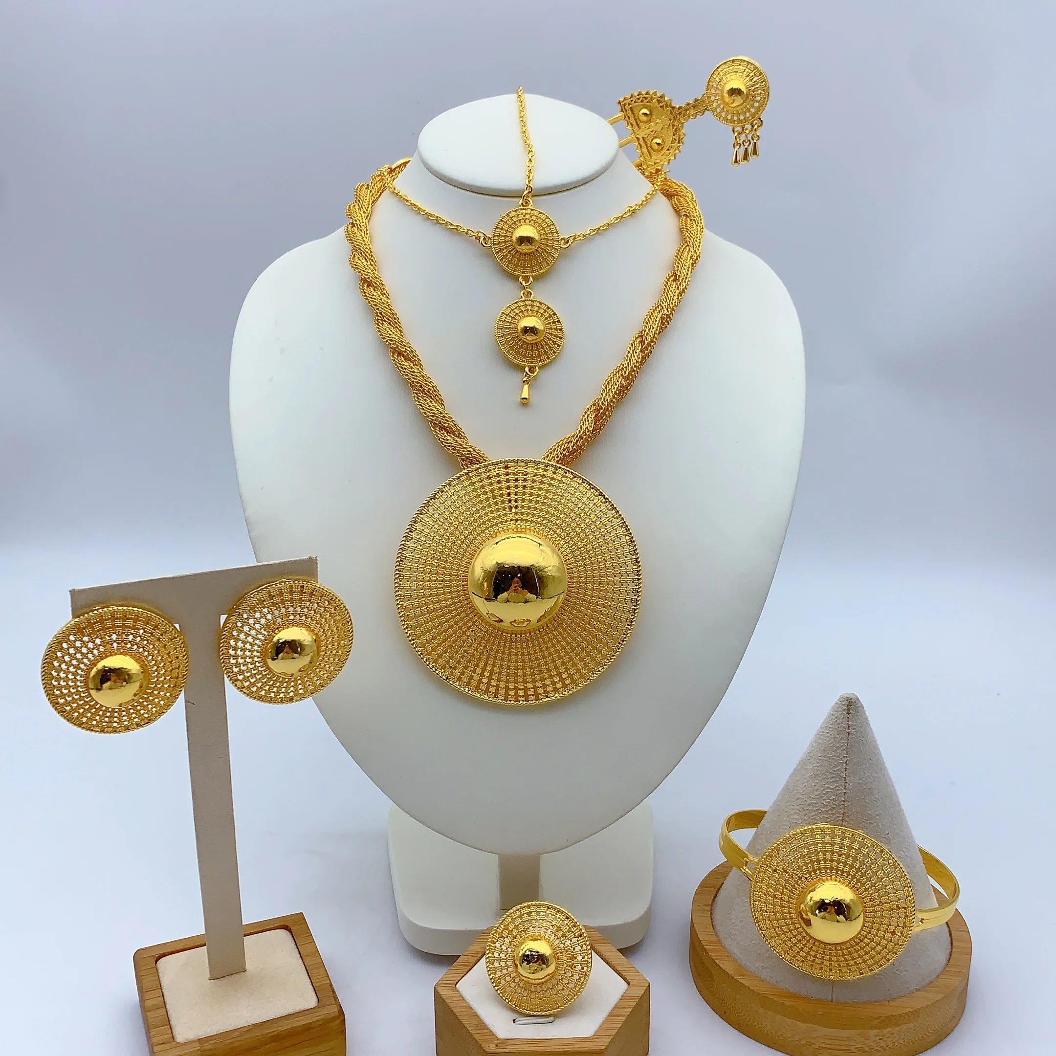 Äthiopisches 24-karätiges vergoldetes 6-teiliges Schmuckset für Damen, afrikanisch-indische große Anhänger-Halskette, Hochzeits- und Verlobungsgeschenke.