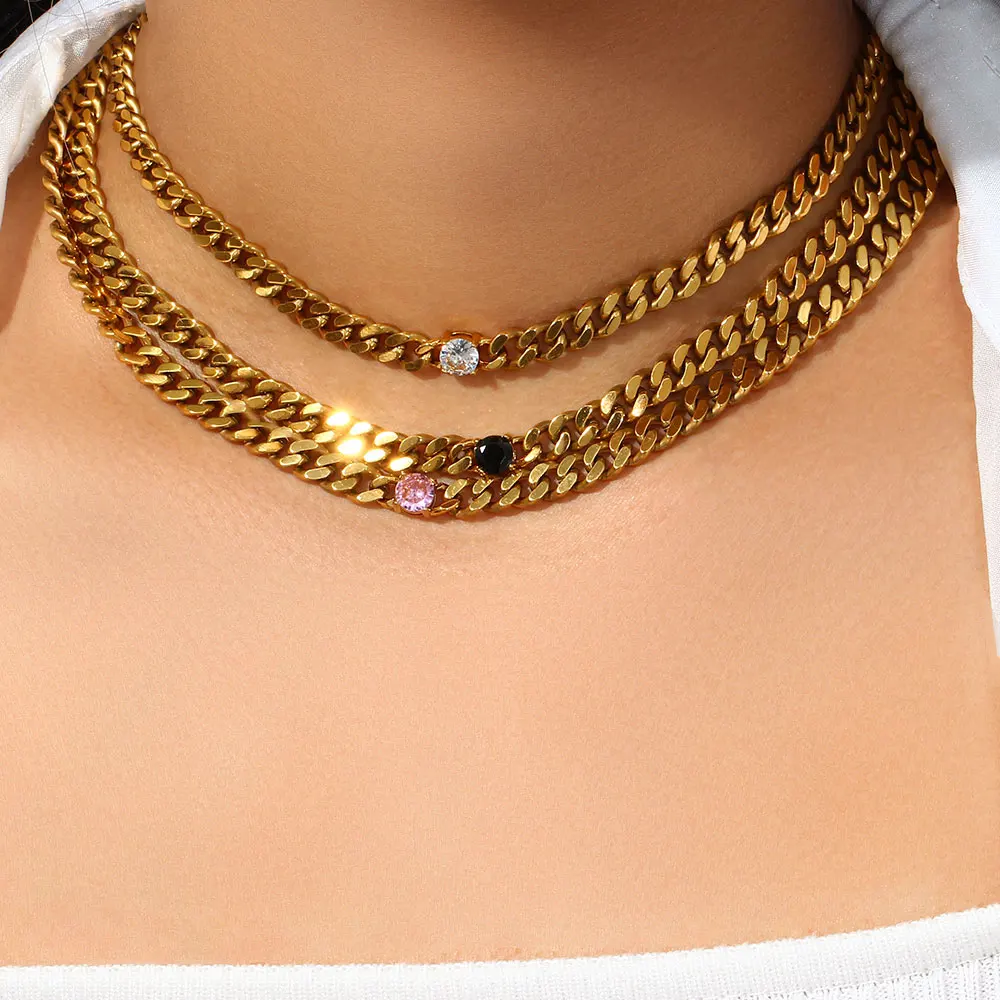 

MamacitaSlay Trendy Colored Round Zircon Gold Plated Stainless Steel Waterproof Cuban Chain Choker Necklace for Women Jewelry