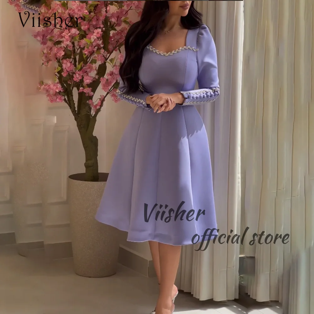 Viisher Lavender Short Prom Dresses with Beads Satin A Line Dubai Arabic Formal Evening Dress Tea Length Celebrate Party Dress