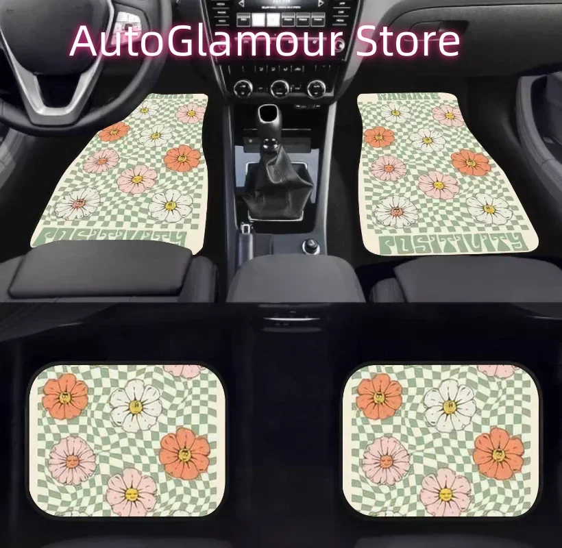 Car Floor Mats Retro 70s Daisy Flowers Print with Distorted Checkered for Girl Kids Carpet Cars, Auto Interior Decoration