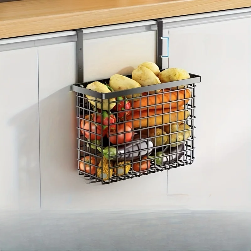 Adjustable Metal Kitchen Cabinet Door  Basket with Towel Rack - Multipurpose Hanging Organizer for  Organization - No Electricit