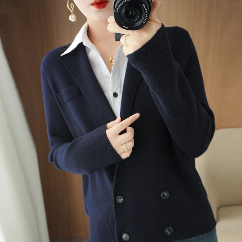 Autumn Winter New Women Fine Wool Sweater Tailored Collar Appear Thin Knitted Cardigan Casual Slim Bottoming Coat Versatile Tops