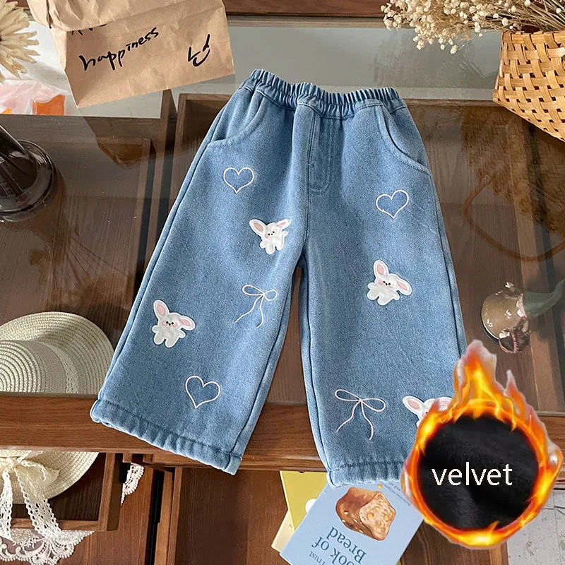 

Baby Girls' Velvet Jeans Autumn New Cartoon Rabbit Embroidered Warm Denim Pants Kids High Waist Loos Wide Leg Trousers