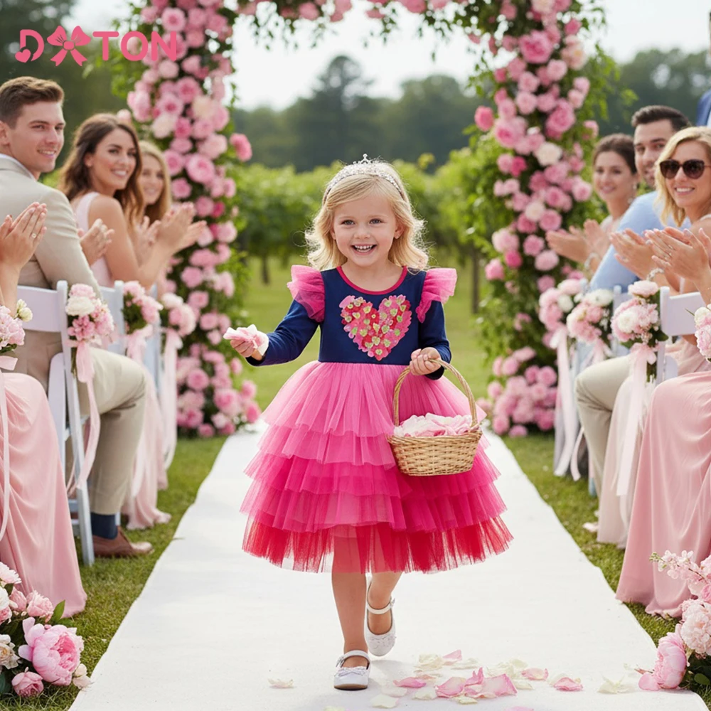 

DXTON Heart Print Princess Mesh Dresses Pink Tulle Layered Wedding Party Toddler Dress School Performance Girls Elegant Costumes