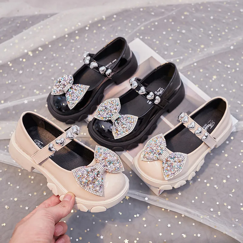 

Fashion Girls Mary Jane Leather Shoes Blingbling Lace Bowknot and Pearl Decoration Princess Shoes Party Princess Girl Shoe