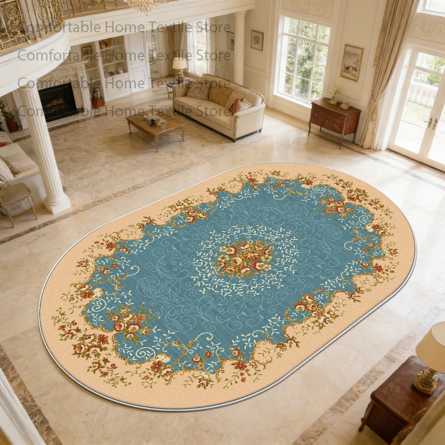 European Luxury Style Oval Living Room Carpet Decoration Bedroom Bedside Non-slip Soft Rug Washable Short Velvet Fluffy Foot Mat