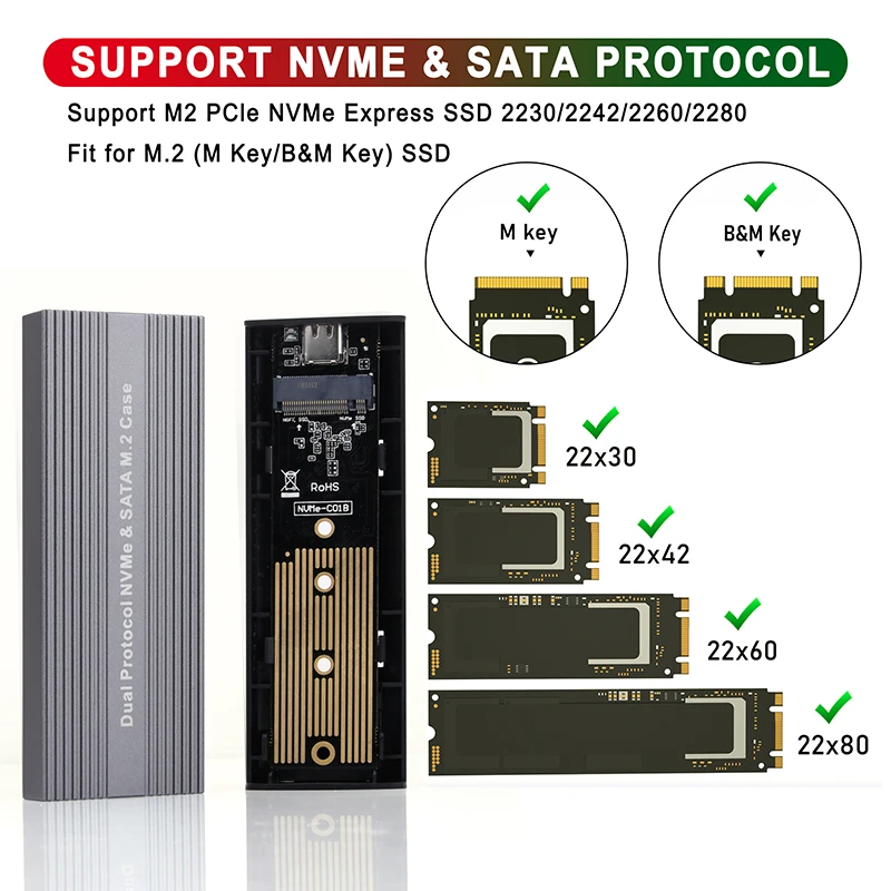 Carcasa SSD M.2 NVME SATA, protocolo Dual, Chip JMS581D, 10gbps, USB 3,2 GEN2 tipo C, caja SSD externa M2, herramienta de llave M / B + M gratis