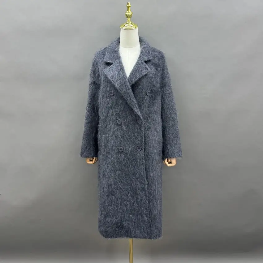 JANEFUR Women Brushed Fluffy Wool Blend Long Woolen Overcoat Lapel Double Breasted Winter Coat JFB7-26011