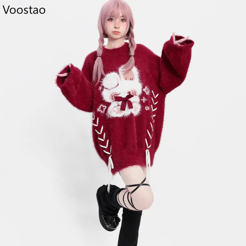 Red Kawaii Lolita Knitted Sweater Women Sweet Cartoon Bunny Christmas Pullover Autumn Winter Female Vintage Warm Jumpers Tops