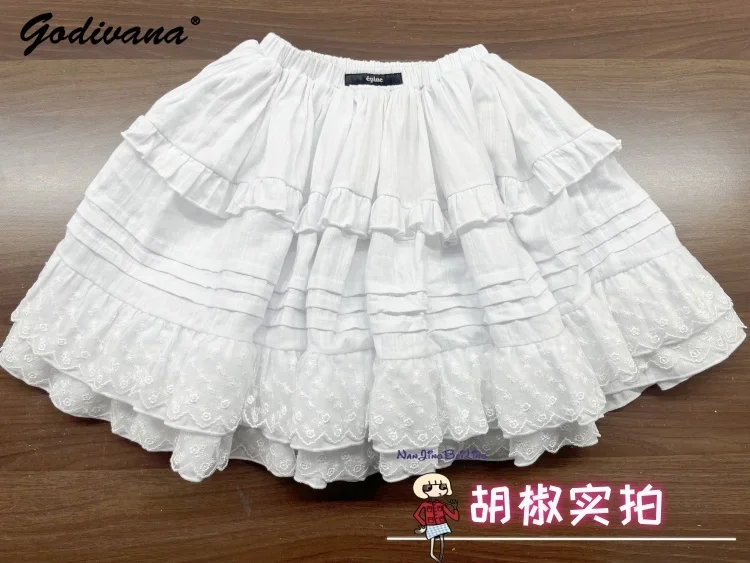 Japanese Style New Women Girls Elastic Waist Layer Lace Splicing Sweet Skirt Spring Summer White Short Cake Skirts