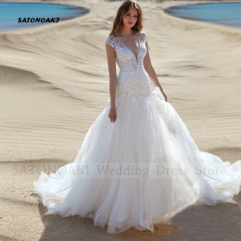 

Customized Elegant Simple Boho Beach Lace Wedding Dress for Women V-Neck A-Line Appliques Bride Gown Vestidos De Novia Robe