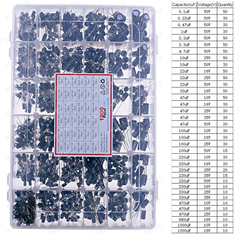 Zestaw kondensatorów elektrolitycznych aluminiowych 16V 25V 35V 50V 100V 400V 1uF -1000uF — zdjęcie produktu 5