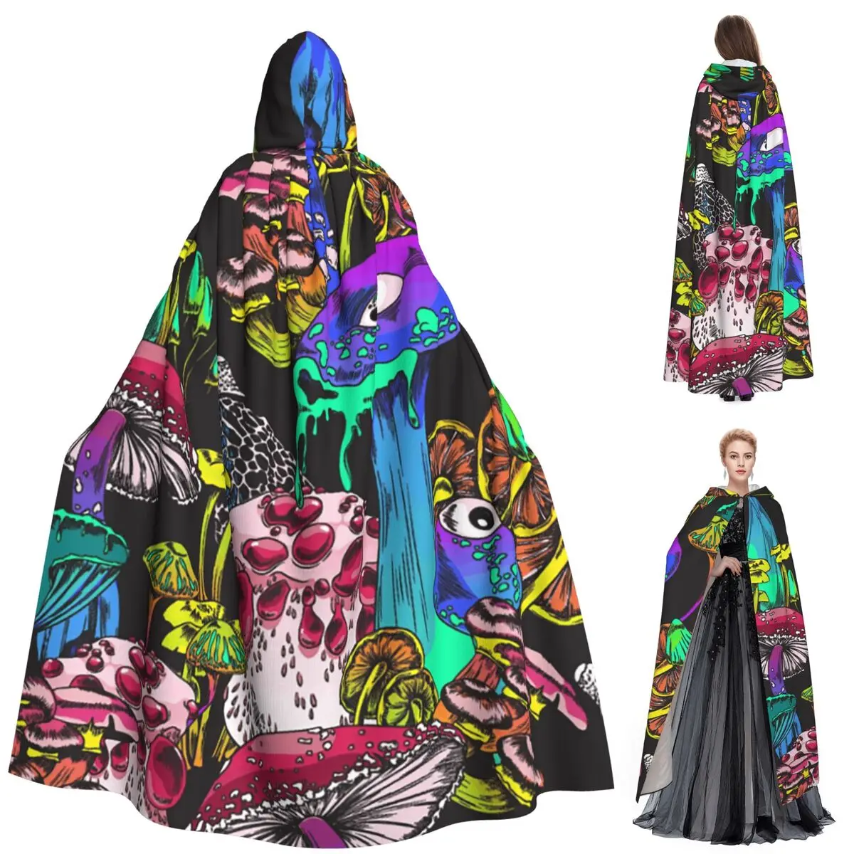 

Длинный плащ с капюшоном и психоделическими грибами, средневековый костюм ведьмы, накидка для косплея, накидка на Хэллоуин, вампир, для взрослых, унисекс
