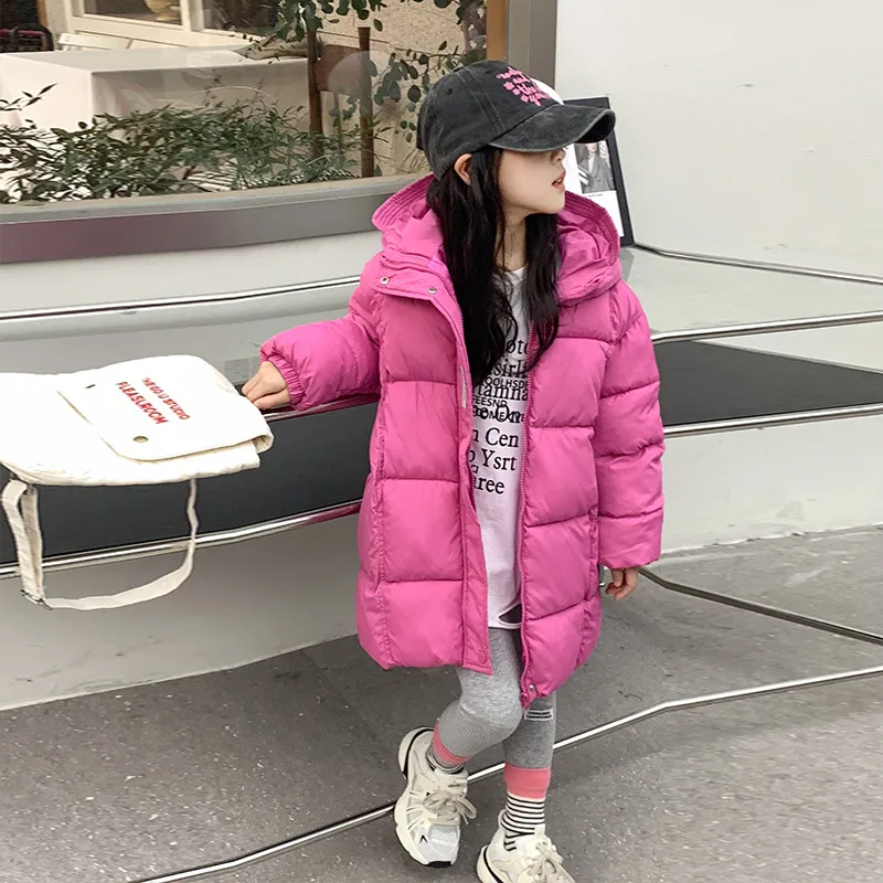 

2025 Winter New Girls Boys Down Jackets Casual Daily Warm Solid Color Hooded Long Coat Fashion All-match Outerwear for 3-11Y