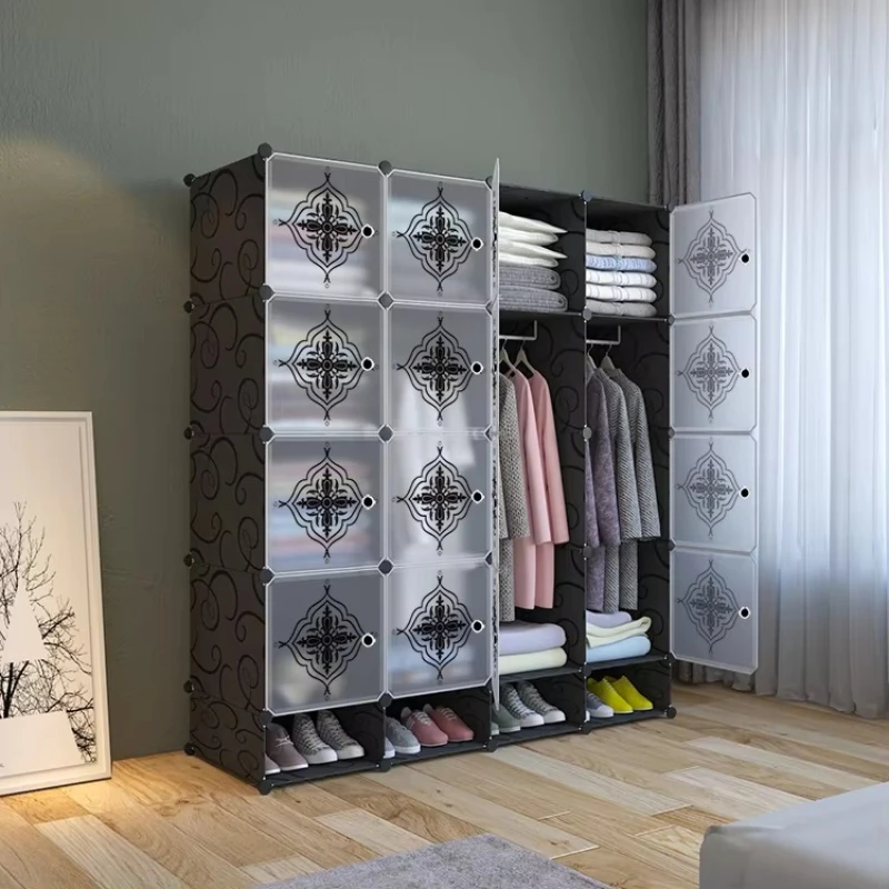 

16 cubes of cheap plastic clothing storage with a layer of shoe racks