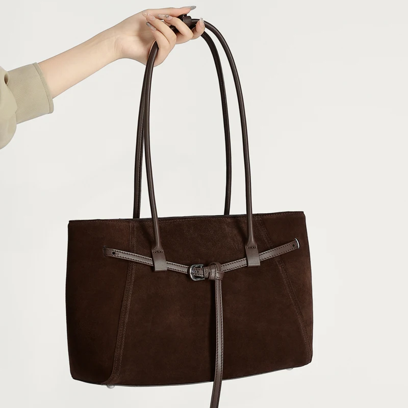 Suede Handbag Woman Genuine Leather Shoulder Bags Large Capacity Buckle Decorative Design Cowhide Underarm Tote Bags Women