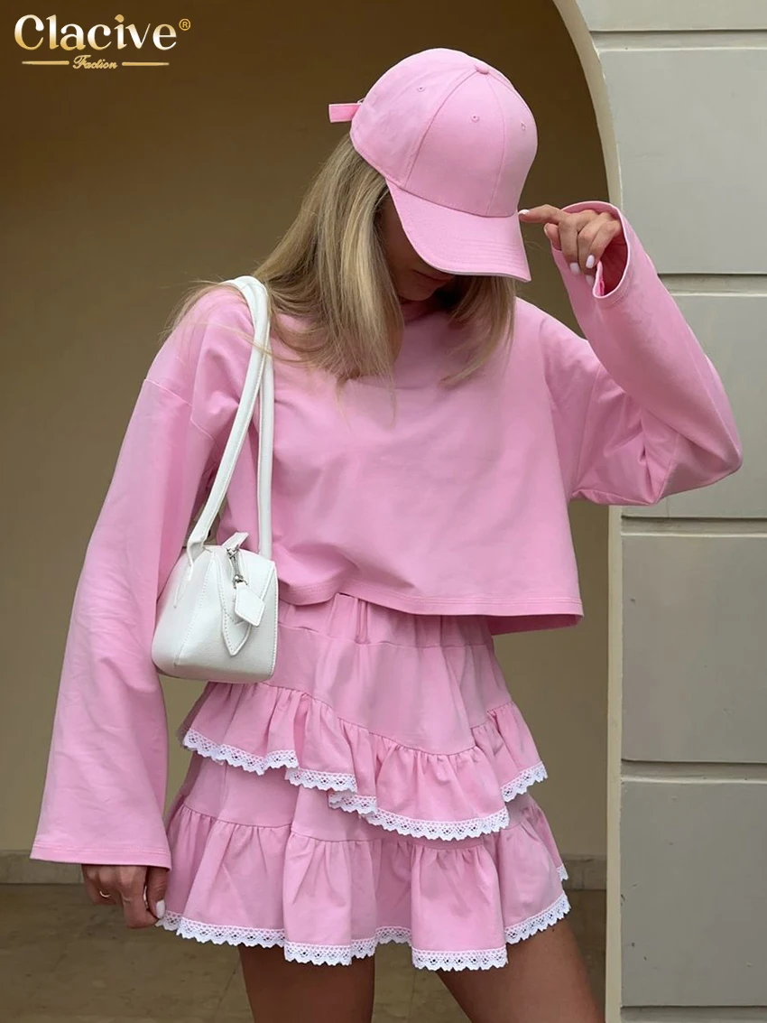 Clacive Fashion Loose Pink Cotton 2 Piece Set Women Outfit 2025 Elegant Long Sleeve Shirt With High Waist Pleated Mini Skirt Set