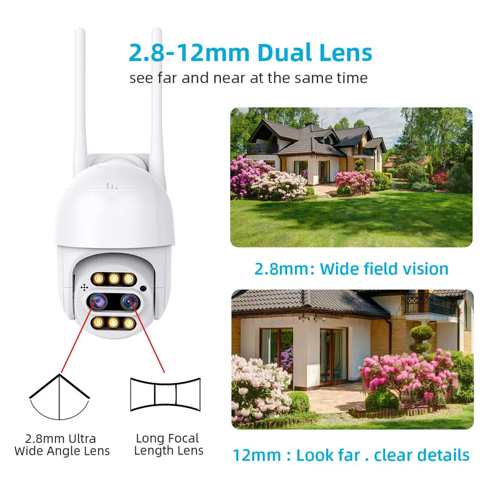 

CCTV ICsee security protection 8MP Camera 4K HD PTZ WIFI Surveillance Dual Lens 8X Digital Zoom IP Night Vision Human Detection