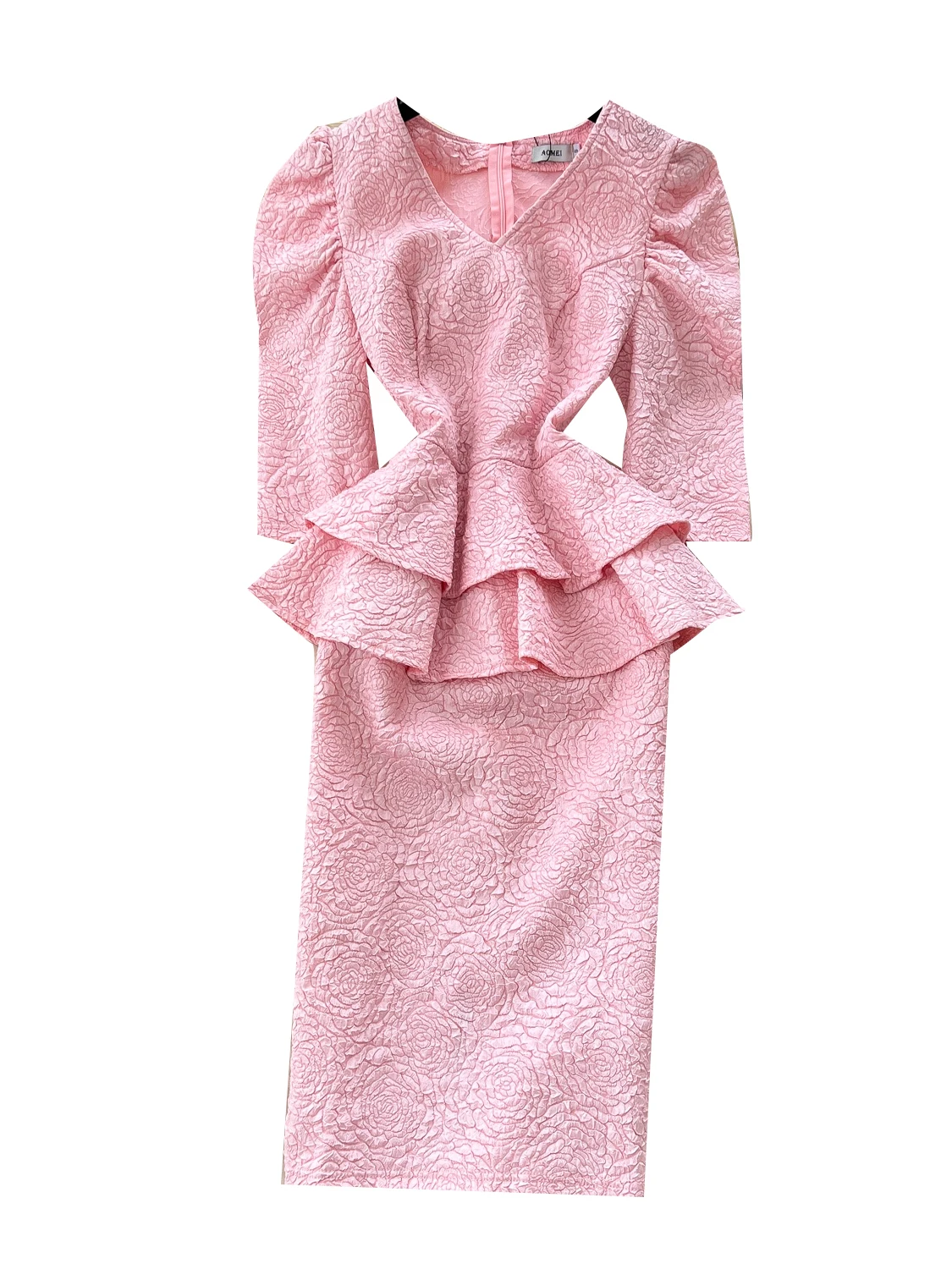 Letnia sukienka midi damska, modna, z koronkowym wykończeniem, wzorem tekstury, rękawami 3/4, wysokim stanem, o kroju litery A.