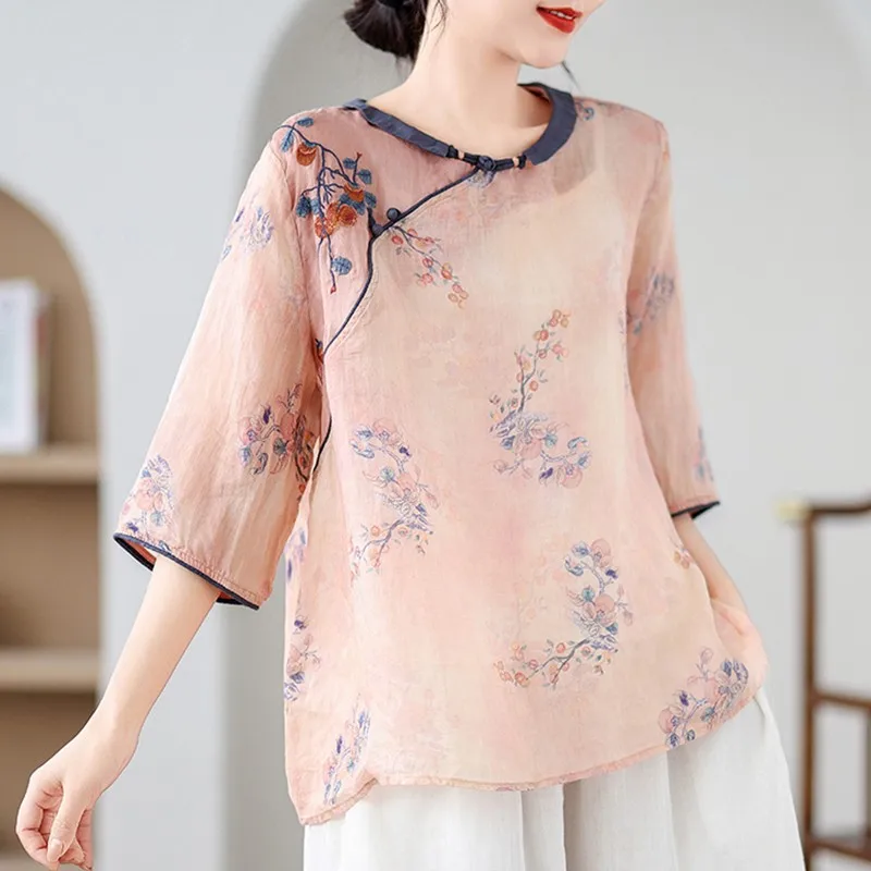 Women Casual Blouse Shirt New Arrival 2024 Summer Chinese Style Vintage Floral Print Loose Female Tops Shirts W1824