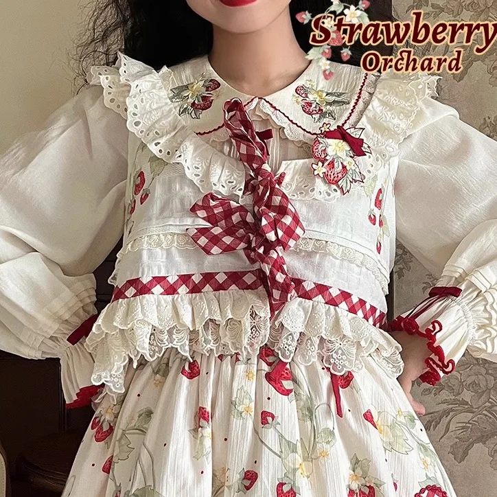 Original Lolita Vest Coats Female Cute Sweet Girls Japanese Style Top Women\'s Bow Strawberry Embroidery Lace Clothes New