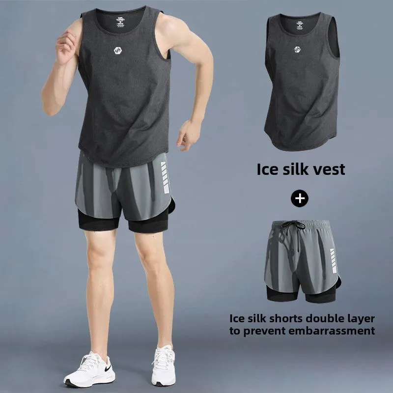 Sommer-Sport-Set für Herren, Weste, Eisseidenstoff, atmungsaktiv, Fitnessbekleidung, kurze Hose, Tank-Top, Laufausrüstung für sportliches Training