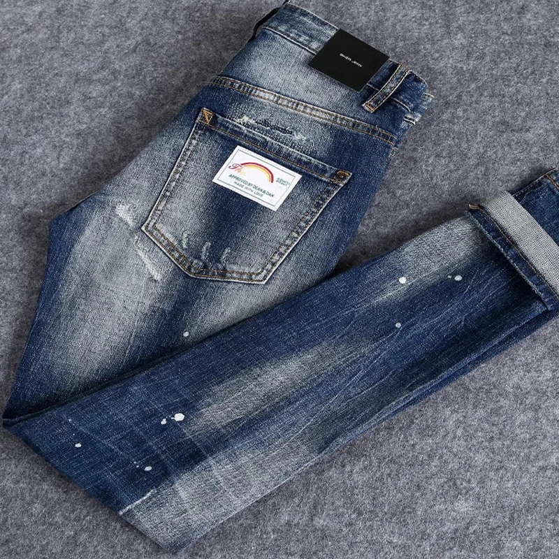 Street Fashion Designer Men Jeans Retro Washed Blue Stretch Slim Fit Painted Patched Ripped Jeans Men Brand Denim Pants Hombre