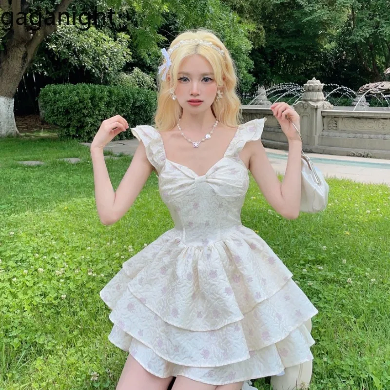 

Gaganight Sweet Dresses Women Floral Printed Ruffles Spring Summer Flying Sleeve French Style Elegant Mini Dress Party Female