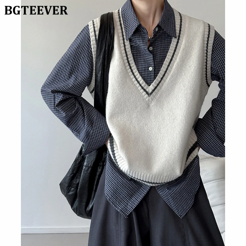 

BGTEEVER Vintage Loose Patchwork Knitted Sleeveless Vests for Women Autumn Winter Casual V-neck Ladies Pullovers Sweaters Tops
