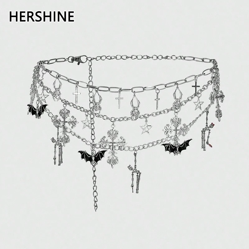 HERSHINE Women's Fashion Bat Cross Multilayer Waist Chain, Y2K Gothic Harajuku Punk Street Style Rock Hip Hop，spring，summer