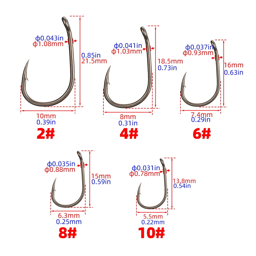 Hirisi 8007 100 Stück Angelhaken Karpfenangelhaken-Set Hochkohlenstoffstahl Ringöhrchen-Angelhaken Größe 2468 Angelzubehör im Angebot – Detail 2