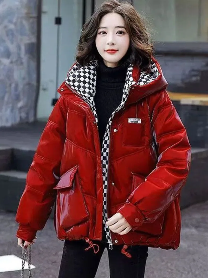 Shiny Clean Down Cotton Coat for Women 2024 Winter New Korean Checkered Cotton Coat Loose Warm and Wipable Cotton Coat Tide