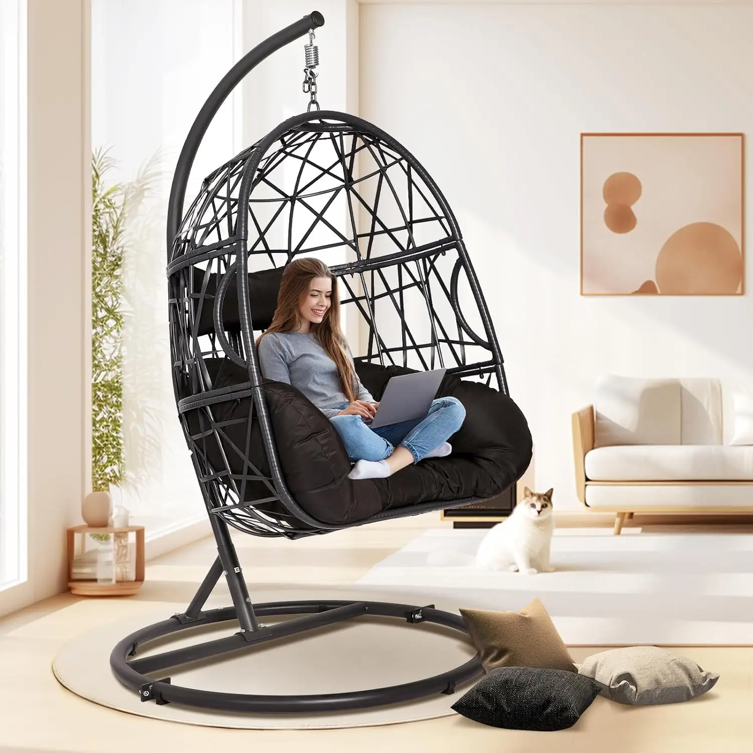 Wicker Hanging Egg Chairs With Stand Indoor Outdoor Hammock Sensory Swing Chair With Tufted Cushions For Bedroom, Patio, Porch,