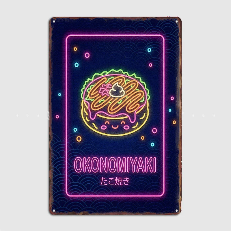 Neon Okonomiyaki Japanisches Essen Poster Metallschild Benutzerdefinierte Schlafzimmer-Dekoration Wanddekoration für Zuhause Poster Innenraum-Wanddekoration