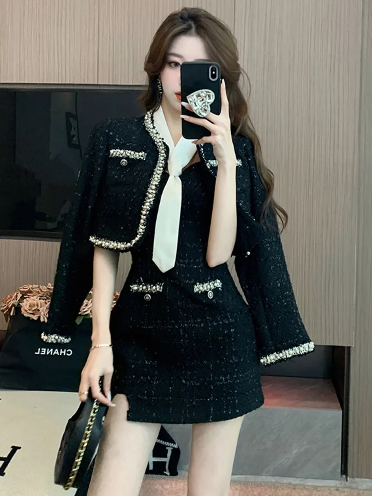 طقم تويد نسائي جديد لعام 2025 جاكيت أسود وفستان قصير مكون من قطعتين تنورة قصيرة بدلة أنيقة صغيرة موضة الخريف للسيدات #2
