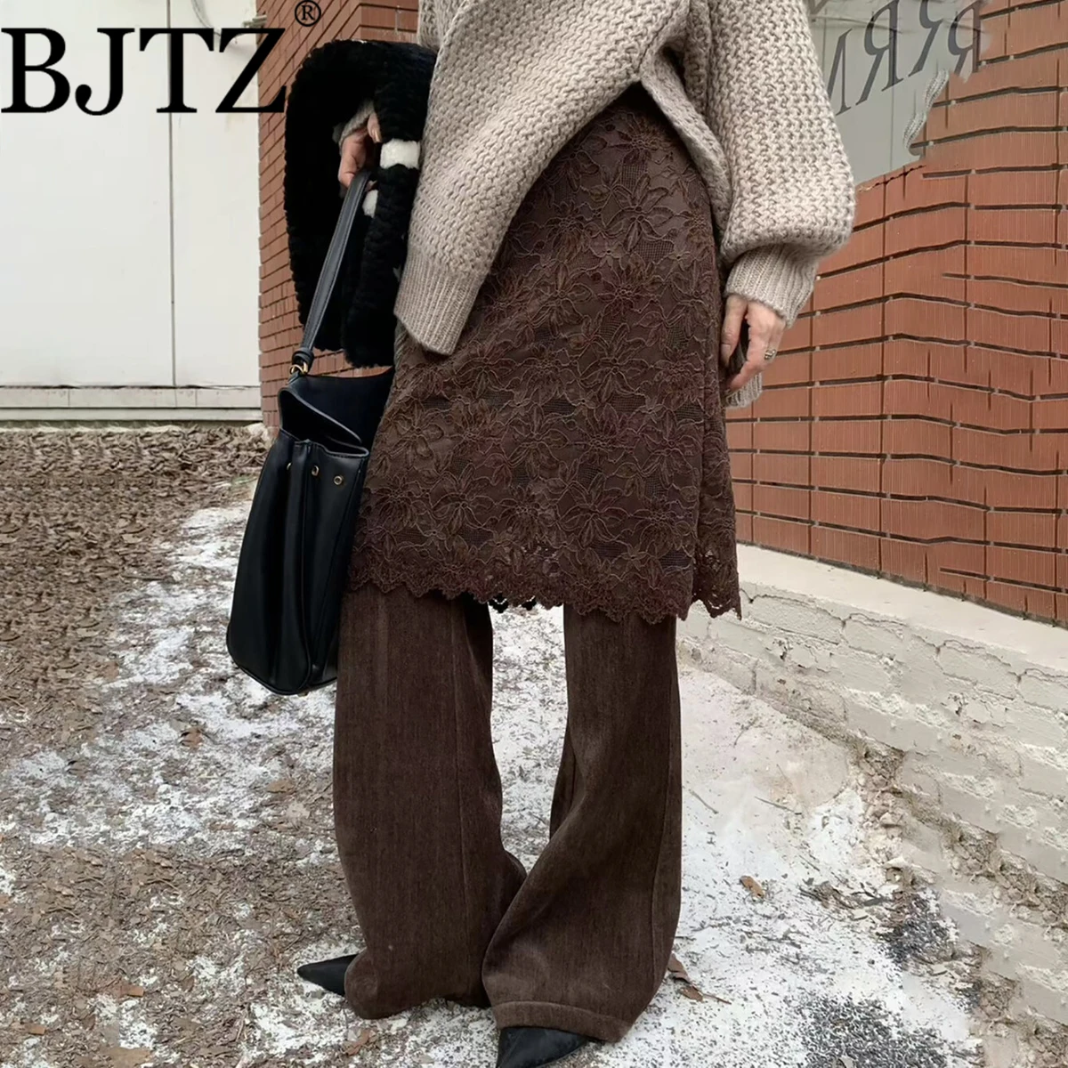 

Зимние флисовые брюки-кюлоты BJTZ с эффектом двухслойности и кружевной юбкой, утепленные термобрюки, легкий люкс, нишевый дизайн