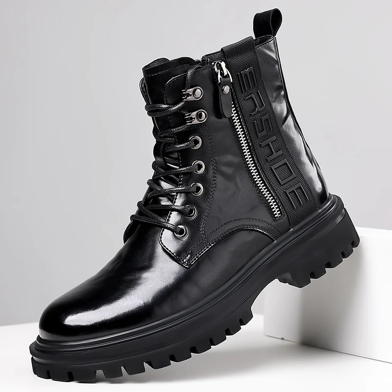 New Men Brand Side Zipper Business Casual High Top Cotton Boots with Added Fleece Fashionable Men Lace Up High Top Leather Boots